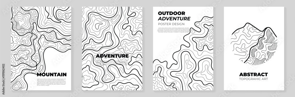 Wall mural abstract topography line poster vector set. mountain terrain map background with abstract shape line