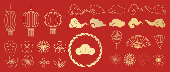 Happy Chinese and Japanese New Year 2025 element vector set. Chinese Lanterns, firework, cloud, coin, cherry blossom flower. Oriental Icons of Asian Lunar New Year holiday decoration vector.