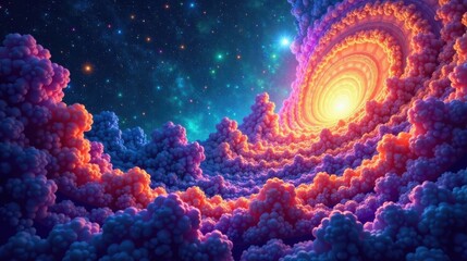 Fototapeta premium Celestial Dreamscape A swirling vortex of vibrant clouds, illuminated by a radiant cosmic core, stretches towards a star-dusted night sky, offering a breathtaking vision of otherworldly beauty.