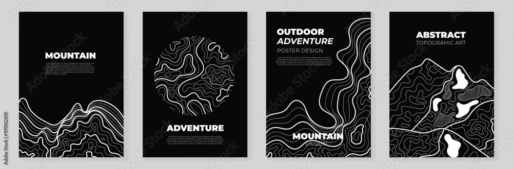 Wall mural abstract topography line poster vector set. mountain terrain map background with abstract shape line