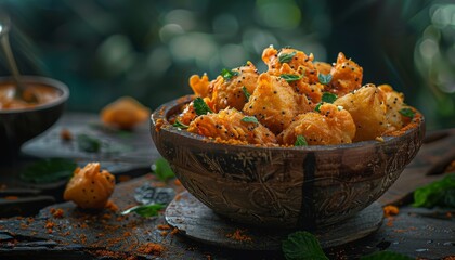 A bowl of crispy fried snacks with a green garnish, served on a rustic wooden table.