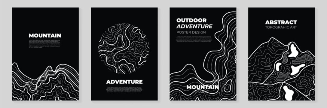 Abstract Topography line poster vector set. Mountain terrain map background with abstract shape line texture. Design illustration for wall art, fabric, packaging, web, banner, wallpaper, card. 