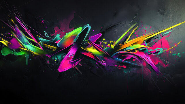 Fototapeta Urban graffiti-style wallpaper featuring vibrant neon sprays of color and abstract lettering on a dark gray background, creating a bold, energetic, and contemporary street art vibe. 