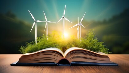 Obraz premium An open book with green plants and wind turbines in the background, symbolizing the connection between education, nature, and sustainable energy.