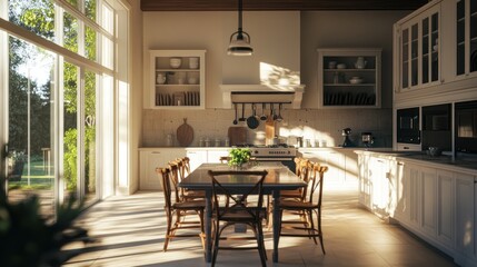 Fototapeta premium Sunlit farmhouse kitchen, dining area, garden view, home design