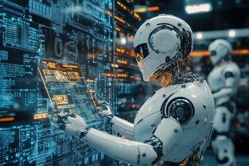 Fototapeta premium Futuristic Robot Interacting with Digital Interface