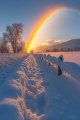 Snow-covered path, sunset rainbow, winter wonderland.