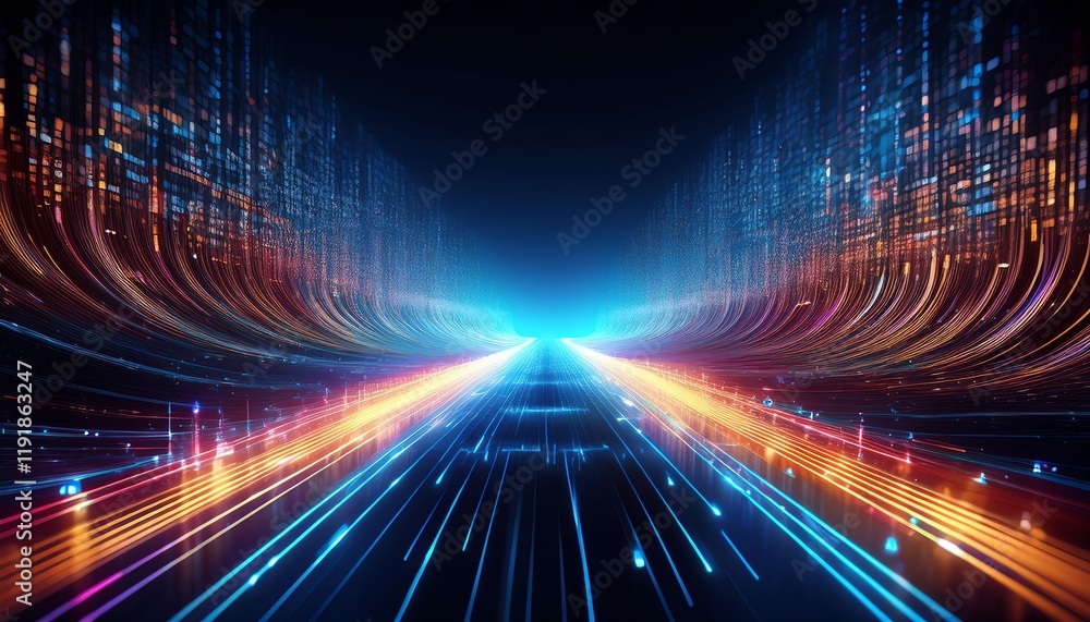 Poster a vibrant digital tunnel of light and data, showcasing dynamic patterns and colors against a dark ba