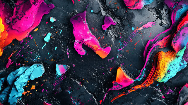 Fototapeta Urban graffiti-style wallpaper featuring vibrant neon sprays of color and abstract lettering on a dark gray background, creating a bold, energetic, and contemporary street art vibe. 