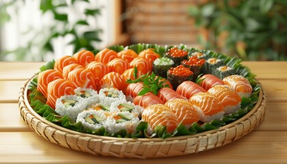 A platter of assorted sushi rolls, nigiri, and maki, arranged on a bamboo platter.
