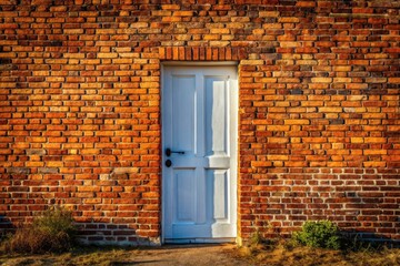 White Door Brick Wall Sky Photography - Architectural Image, Exterior Design, Building Facade, Brickwork, Minimalist Architecture
