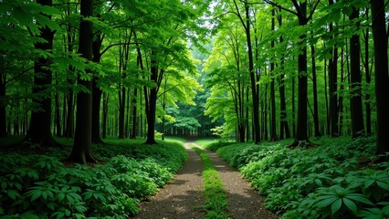 Fototapeta premium Tall trees sway in a verdant forest, their lush green leaves shimmering. Ground-hugging foliage carpets both edges, enhancing the serene beauty of this natural haven. A sense of tranquil seclusion env