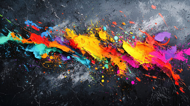 Fototapeta Urban graffiti-style wallpaper featuring vibrant neon sprays of color and abstract lettering on a dark gray background, creating a bold, energetic, and contemporary street art vibe. 