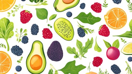 Vibrant Fresh Fruits Berries And Greens Pattern