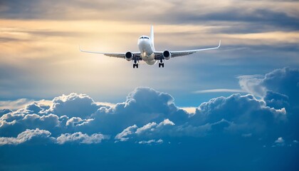 Fototapeta premium A plane flies through a vibrant sky filled with clouds, illuminated by sunlight, creating a serene travel atmosphere.