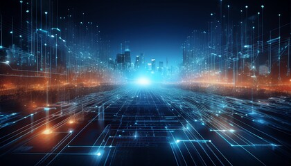 Fototapeta premium A vibrant futuristic cityscape with glowing lines and data streams, depicting advanced technology and digital networks in a night scene.