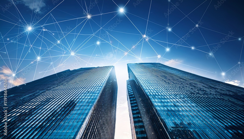 Poster a futuristic view of two skyscrapers reaching for the sky, connected by digital networks and a web o