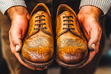 Close-up hands of male shoemaker holds old light brown leather shoe and repaired shiny shoes after restoration working. Concept of cobbler artisan repairing and restoration work in shoe repair shop