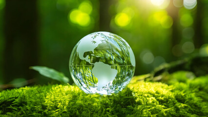 globe made by glass on green moss in forest to protect nature Save and care World