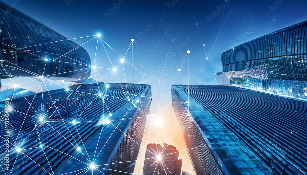 Poster a futuristic view of skyscrapers with a digital network overlay, symbolizing innovation and technolo
