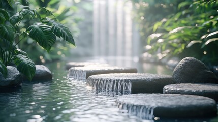 Tranquil stepping stones path across calm water stream in lush green garden with waterfall.