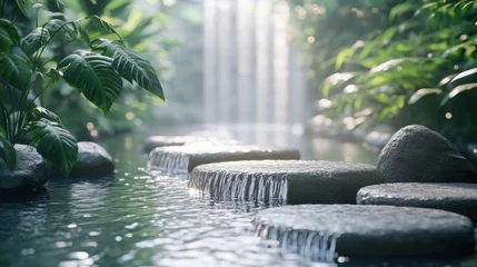 Tranquil stepping stones path across calm water stream in lush green garden with waterfall.