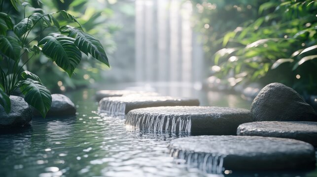 Tranquil stepping stones path across calm water stream in lush green garden with waterfall.