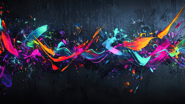 Fototapeta Urban graffiti-style wallpaper featuring vibrant neon sprays of color and abstract lettering on a dark gray background, creating a bold, energetic, and contemporary street art vibe. 