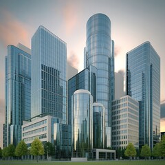 Fototapeta premium Modern city skyline at sunset, business district, urban landscape, architectural design, for real estate marketing