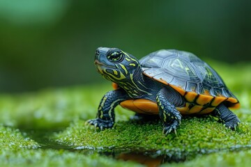 Small turtle, vibrant shell, green moss, water.