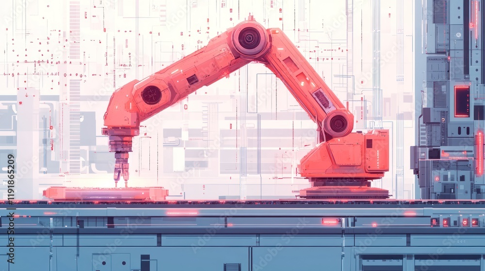 Poster robotic arm assembling parts on automated production line. (1)