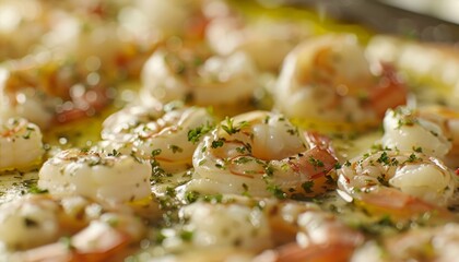 Close up of cooked shrimp with herbs, shallow depth of field.
