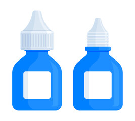 Set of closed and open blue medicine dropper bottles. Health, eye drops, ear drops, and medical product mockup concept. Flat vector illustration isolated on white background with copy space
