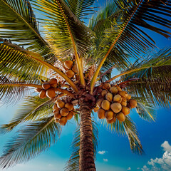 Coconut palm with bunches of ripe coconuts