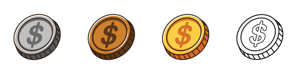Simple Dollar coin vector illustration in gold, silver, and bronze tones with outline style