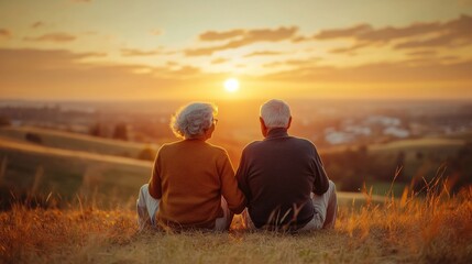 A couple of older people are sitting on a hillside, watching the sun set