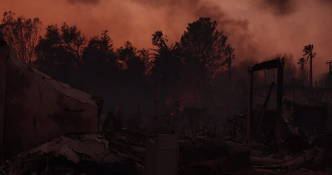 Altadena, California, USA - January 8, 2025: Aided by extreme Santa Ana Winds, the Eaton Fire destroys downtown Altadena.