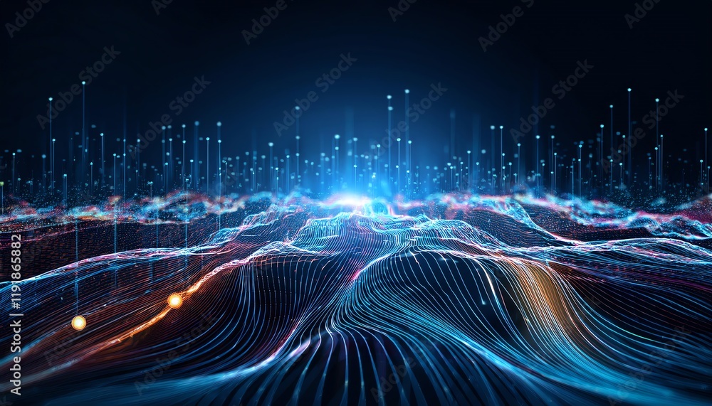 Poster a vibrant digital landscape with glowing lines and dots, representing data flow and technological ad