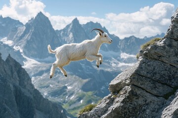 Naklejka premium Mountain Goat Leaping Over a Cliff