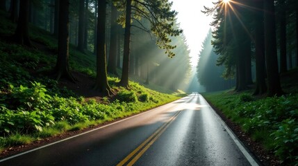 Fototapeta premium Sunlit Pathway Through a Lush Green Forest with a Serene Asphalt Road