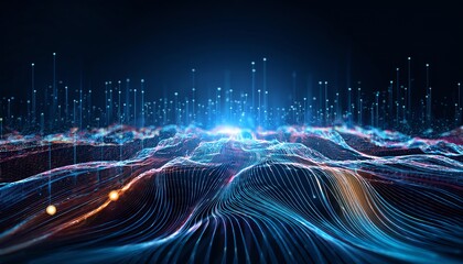 Obraz premium A vibrant digital landscape with glowing lines and dots, representing data flow and technological advancement.
