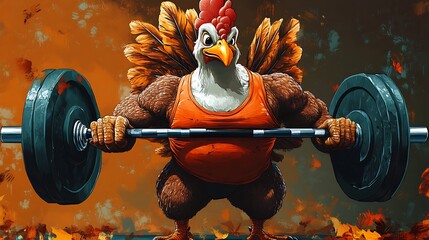 Strong chicken lifts weights in gym fitness humor cartoon style fun