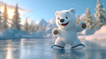 Playful polar bear ice skating in winter wonderland animated scene