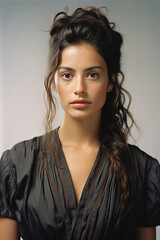Portrait of a woman with honey-colored eyes and brown hair, tied back in a bun, curly hair, wearing a navy blue short-sleeved blouse, on a light gray background, generative AI.