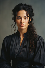 Studio portrait of a young woman with dark skin and brown eyes, with dark brown hair, her hair up, wearing a dark blue embroidered long-sleeved blouse, generative AI.