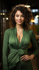 Pretty smiling young woman with curly hair, wearing a green dress, has her hand on her waist, is happy in a restaurant at night, generative AI.