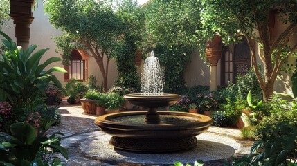 Obraz premium Serene Courtyard Oasis: A Tranquil Fountain in a Lush Garden