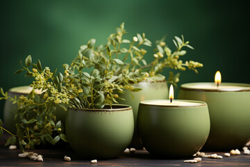 Wooden table, with some large round green candles lit, next to a pot with a plant, in a green room, generative AI.