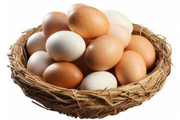 Basket of white and brown eggs, farm eggs, on a white background, generative AI