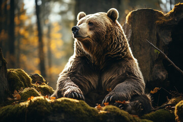 Big bear, with black claws, sitting and resting in the middle of the forest, in the wild, generative AI